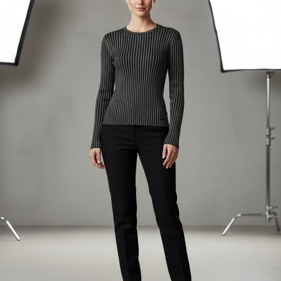 $448 TORY BURCH lurex stripe crew neck sweater L hip logo - Picture 7 of 12